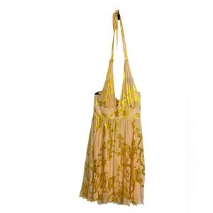 Frank Lyman Elegant Gold  and Cream Halter Dress, Lined, Stretch